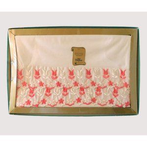 Vintage 1960s Jay Franco Pillow Case 2 Std Size White Pink Embroidered Floral